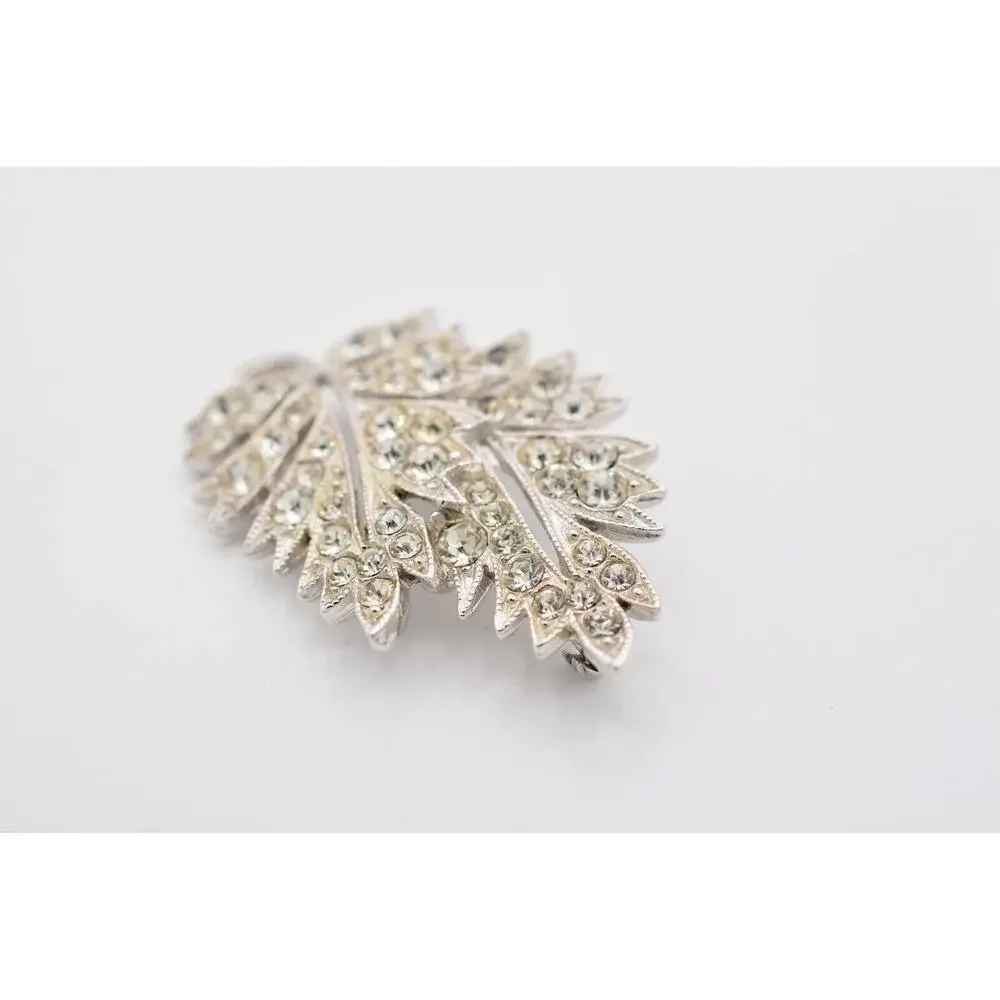 Ora Vintage Crystal Leaf Pin Brooch Rhinestone Silver Sparkling Signed 40s Bin5A